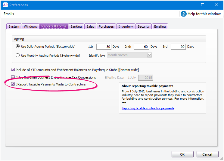 Preferences window with reportable payments option selected