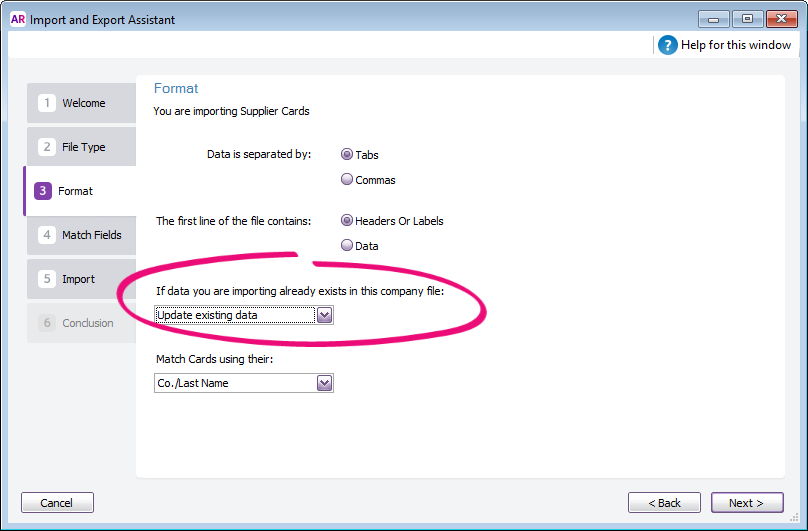 Import and export assistant with update existing data option highlighted