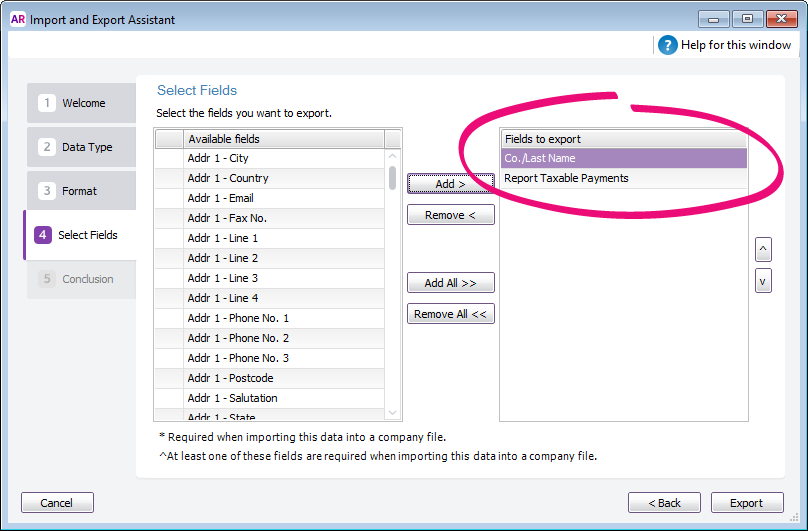 Import and export assistant with fields to export highlighted