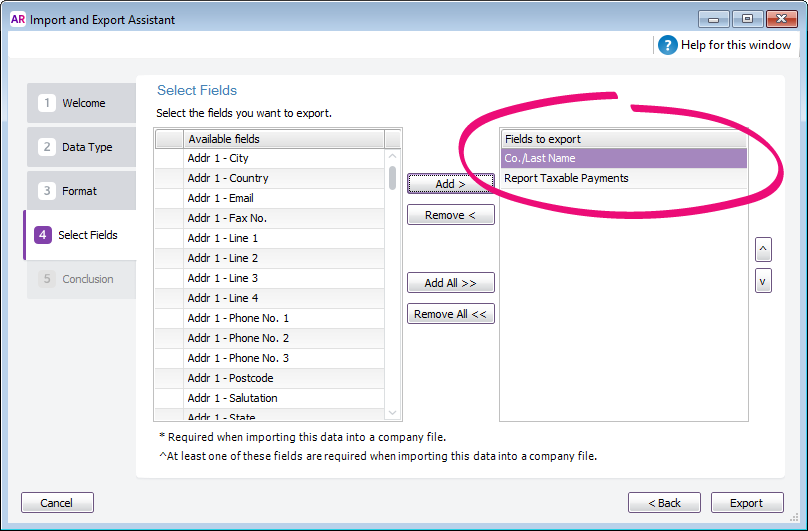 Import and export assistant with fields to export highlighted Import and export assistant with fields to export highlighted