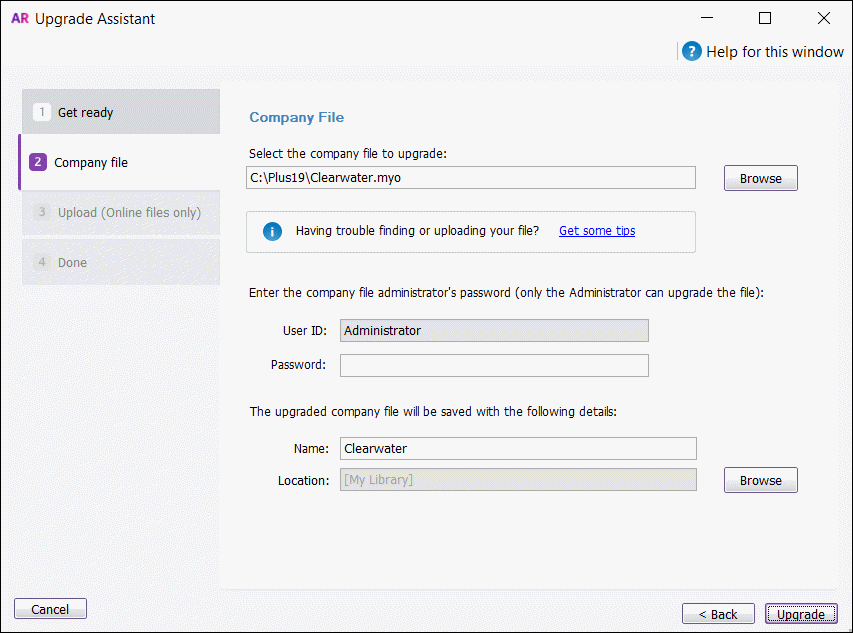 Upgrade assistant with file selected Upgrade assistant with file selected