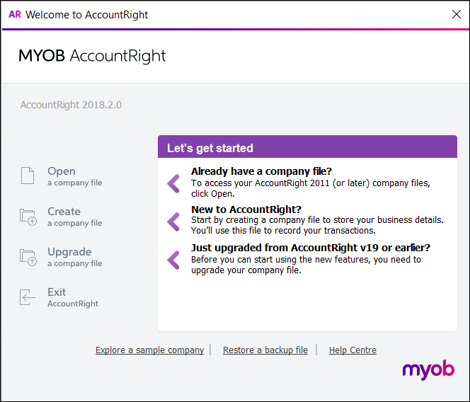 AccountRight Welcome window AccountRight Welcome window