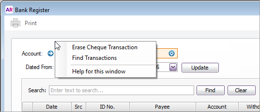 Right-click options on the bank register window