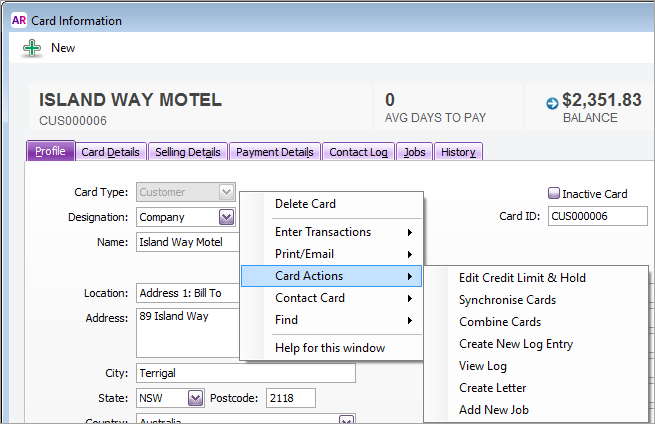 Right-click options on the card information window