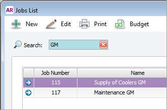 Jobs list window with GM in search field