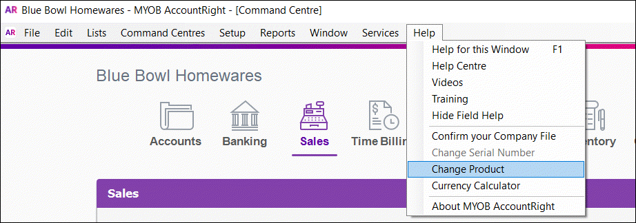 AccountRight change product option AccountRight change product option