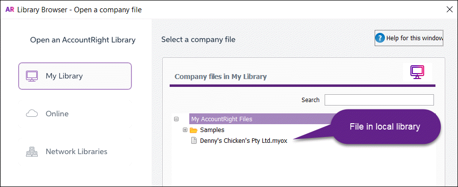 Library browser window showing company file in local library