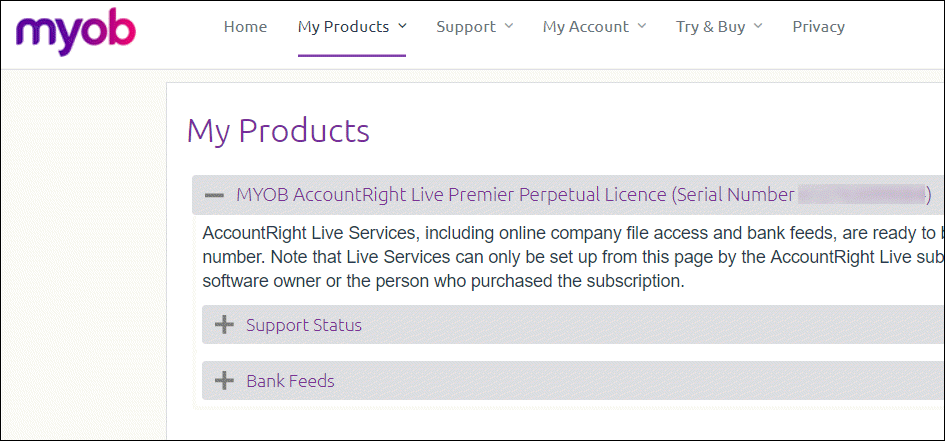 my.myob My Products showing serial number