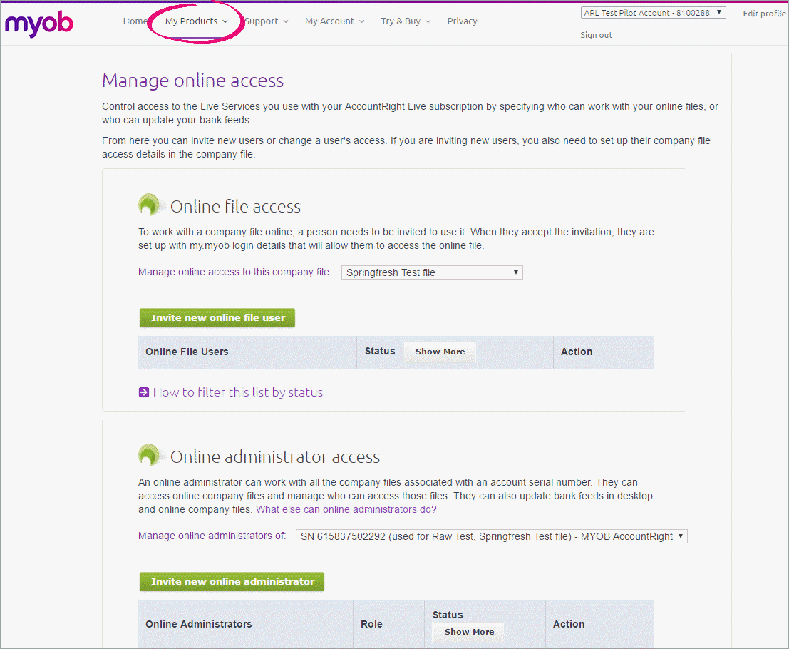 Manage online access page Manage online access page