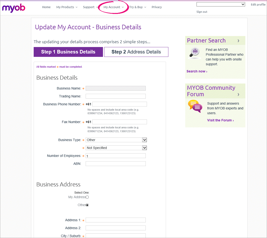 Update my account - business details page Update my account - business details page