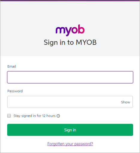 Sign in to MYOB window with email and password fields
