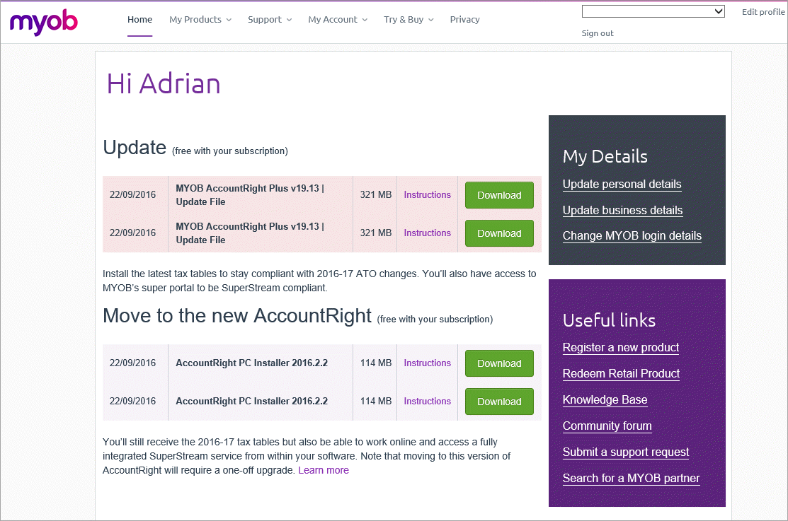my.myob home page with downloads displayed
