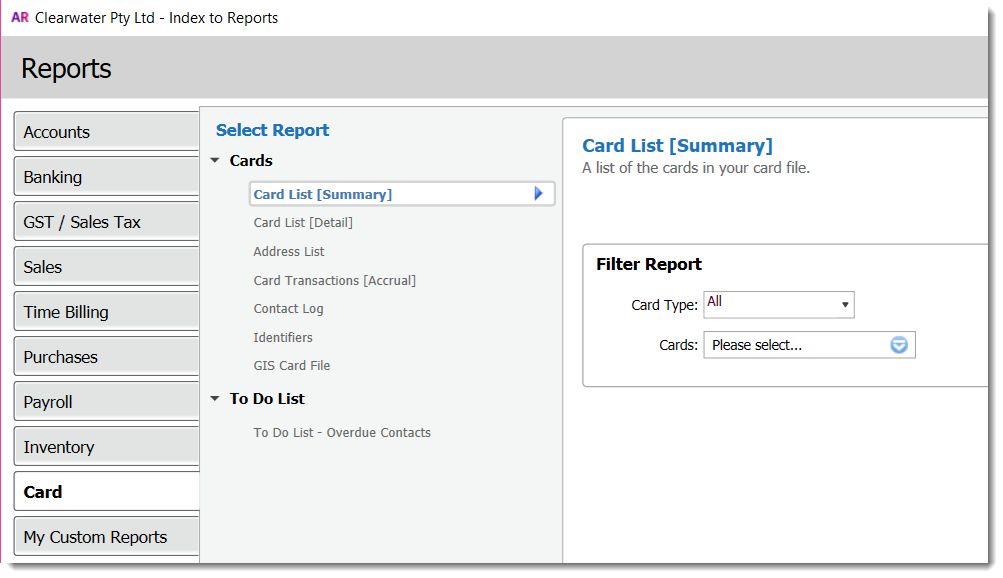 card file reports index to reports