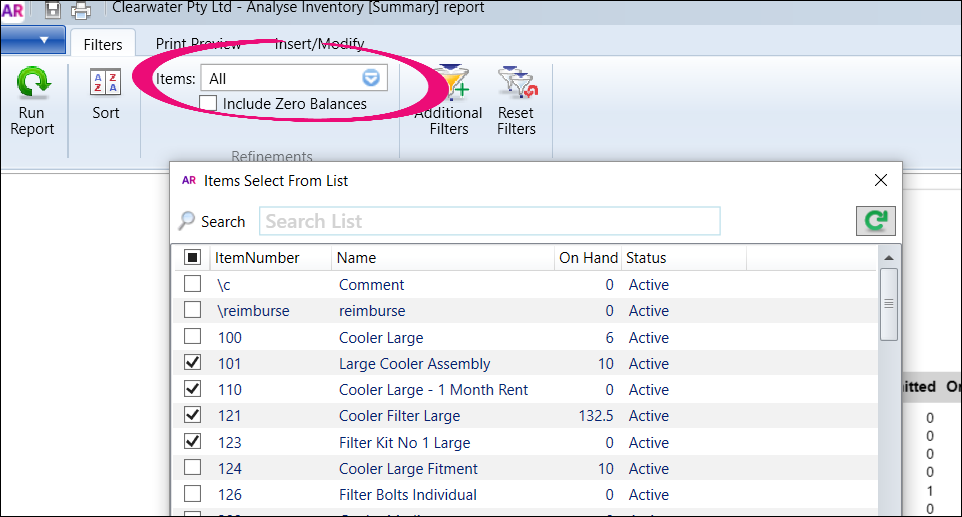 selecting items in the Analyse Inventory Summary Report selecting items in the Analyse Inventory Summary Report
