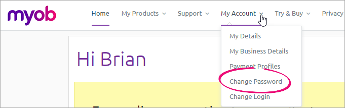 my account menu in my.myob with change password highlighted