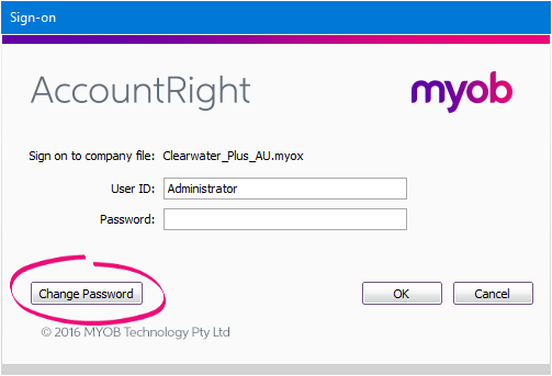 AccountRight sign-on window with change password button highlighted