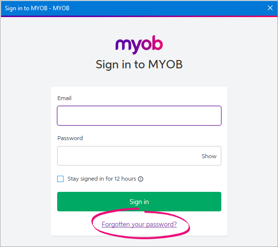 Sign in to MYOB window with forgotten your password link highlighted