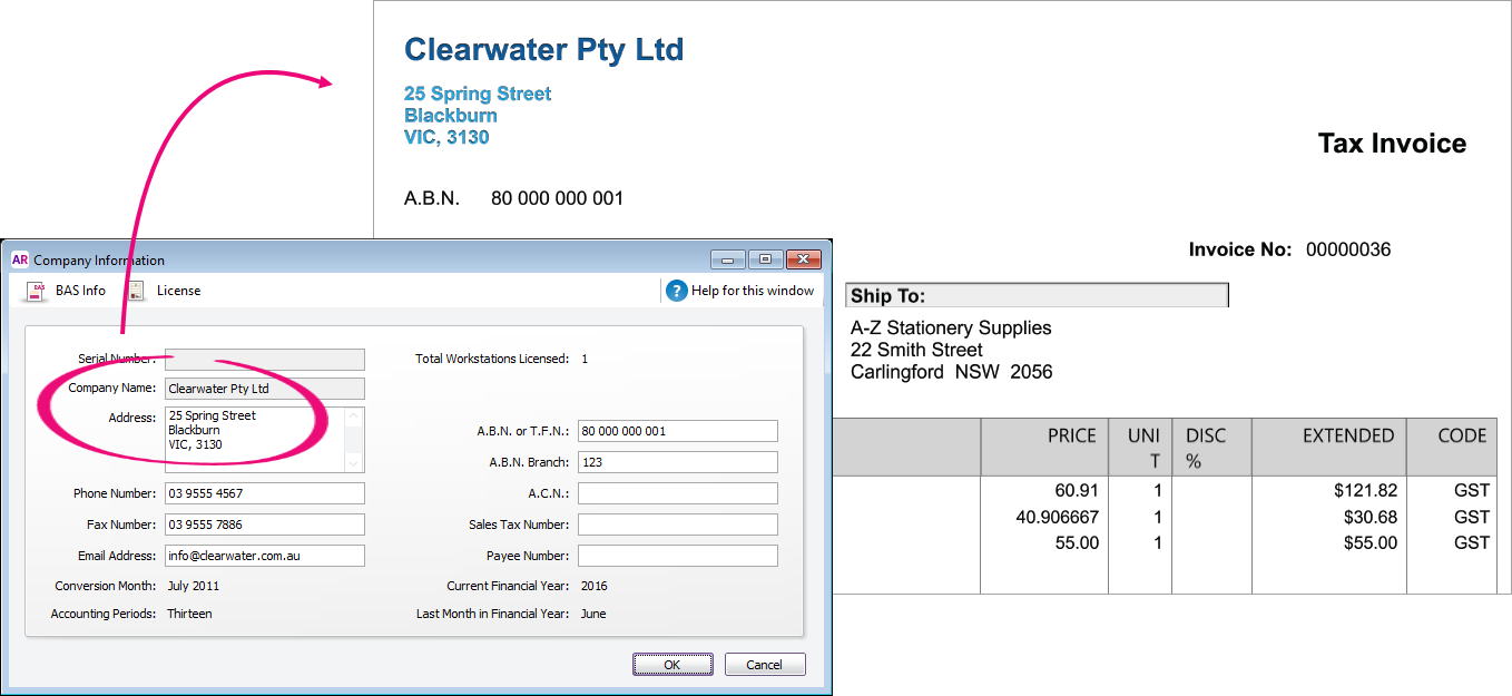 Company details highlighted in company information window and shown on an invoice