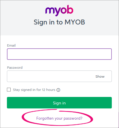 MYOB sign in window with fogotten your password highlighted