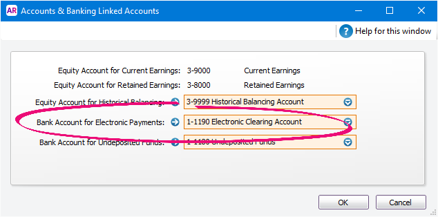 Linked account for electronic payments set to electronic clearing account Linked account for electronic payments set to electronic clearing account