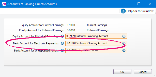 Linked account for electronic payments set to electronic clearing account