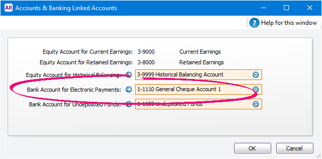 Linked bank account for electronic payments set to general cheque account Linked bank account for electronic payments set to general cheque account