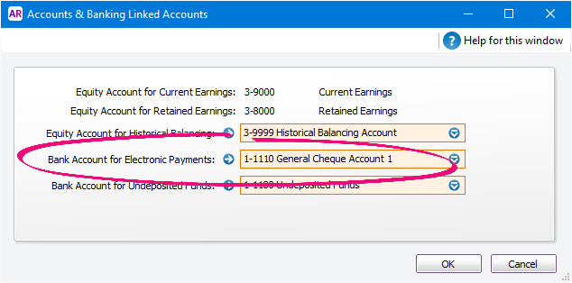 Linked bank account for electronic payments set to general cheque account