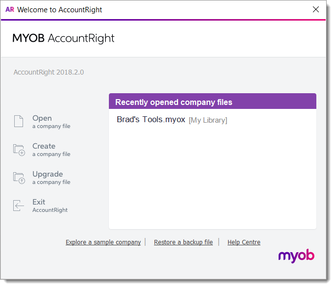 AccountRight welcome window with a recently opened company file listed