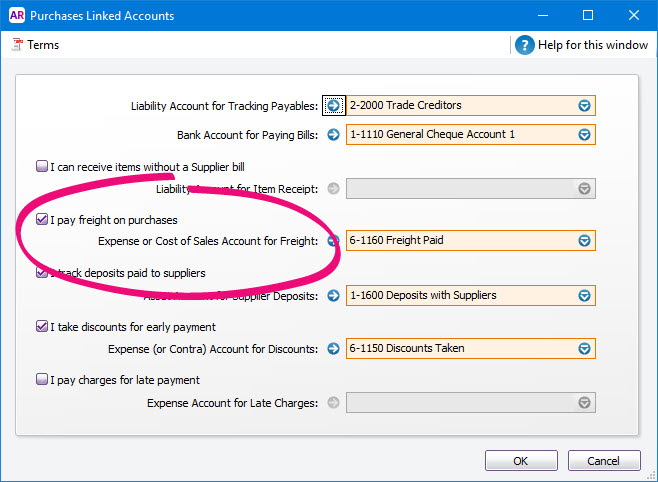 Purchases linked accounts window with freight tracking selected