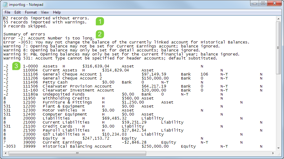 The import log The import log