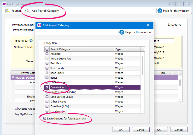 Add payroll category window with a new payroll category and save changes option selected Add payroll category window with a new payroll category and save changes option selected
