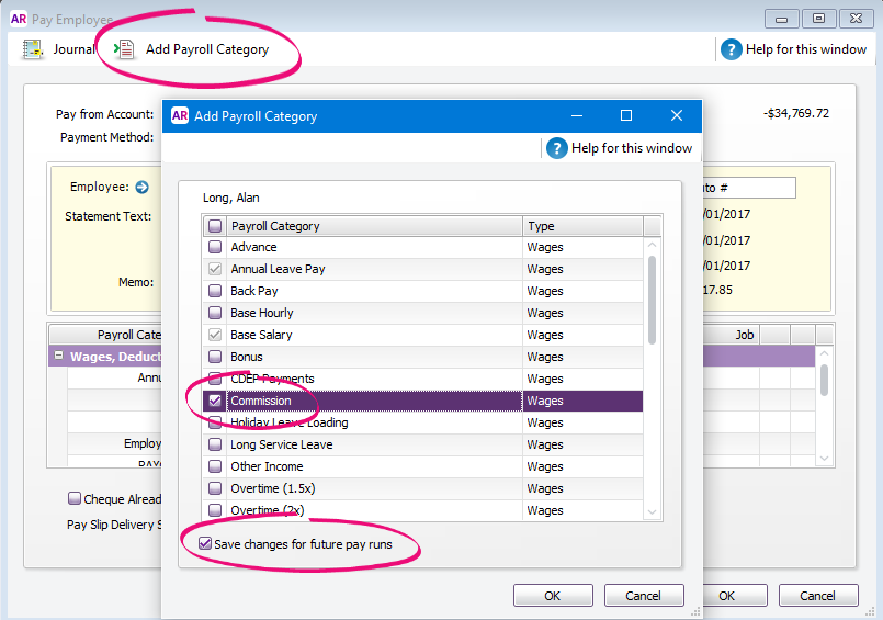 Add payroll category window with a new payroll category and save changes option selected