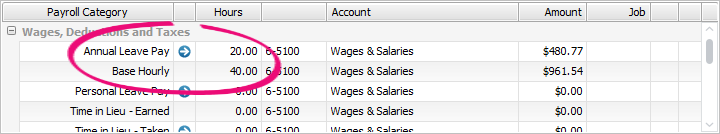 Employee's pay with 40 hours normal pay and 20 hours annual leave