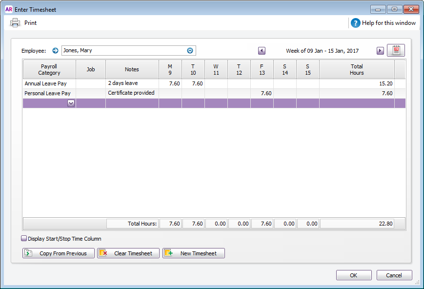 Example timesheet with 2 days annual leave and 1 day personal leave