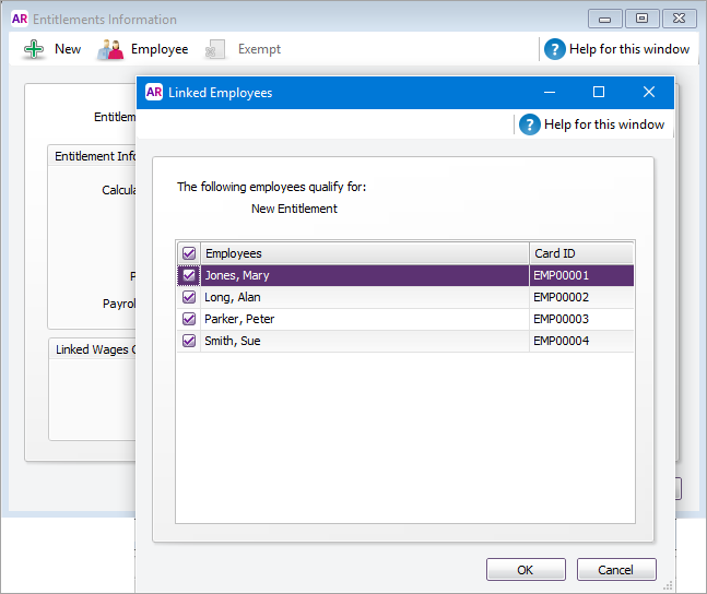 Linked employees window with employees selected