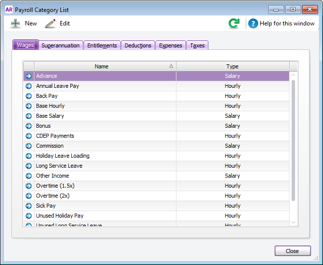 Wages tab of the payroll category list window