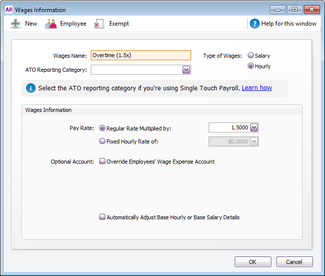 Wages information window with example setup Wages information window with example setup