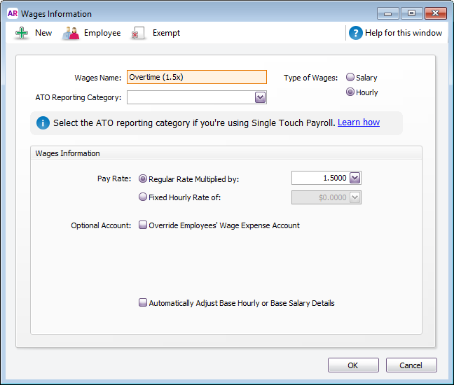 Wages information window with example setup