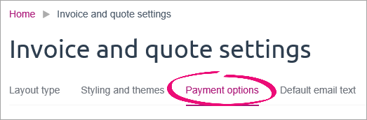 invoice and quote settings with payment options tab highlighted