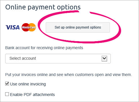 Online payment options with setup button highlighted