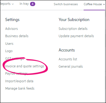 Essentials business name selected, invoice and quote settings