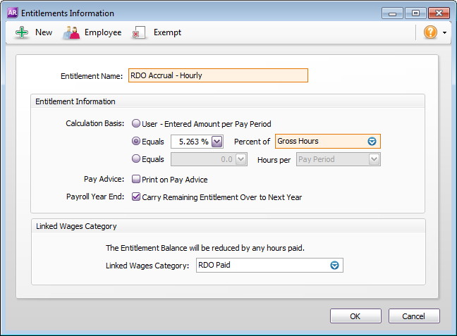 Example RDO entitlement category setup for hourly employees
