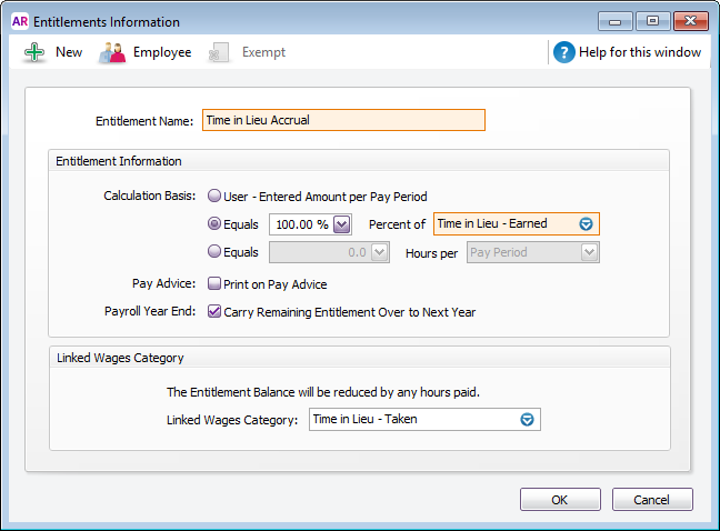 Example time in lieu accrual category