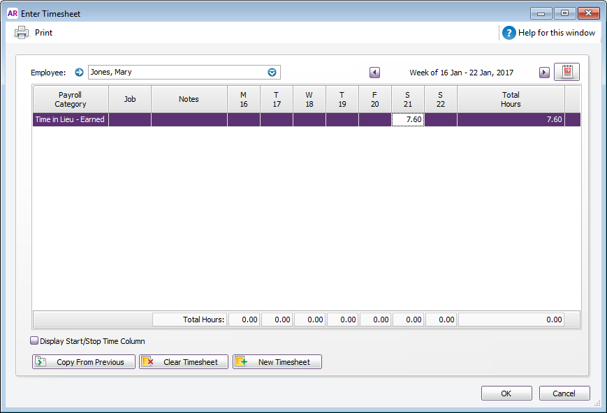 Time in lieu on a timsheet