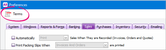 Sales tab of the preferences window with terms button highlighted