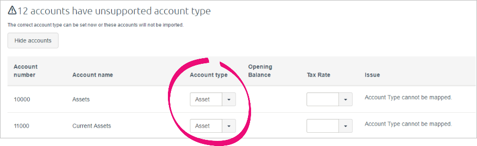 Example accounts with account types highlighted