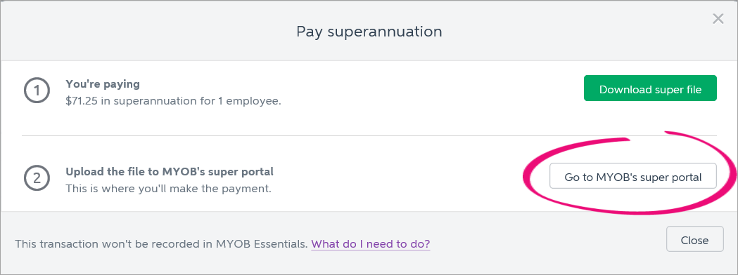 popup window with go to MYOB's super portal button highlighted