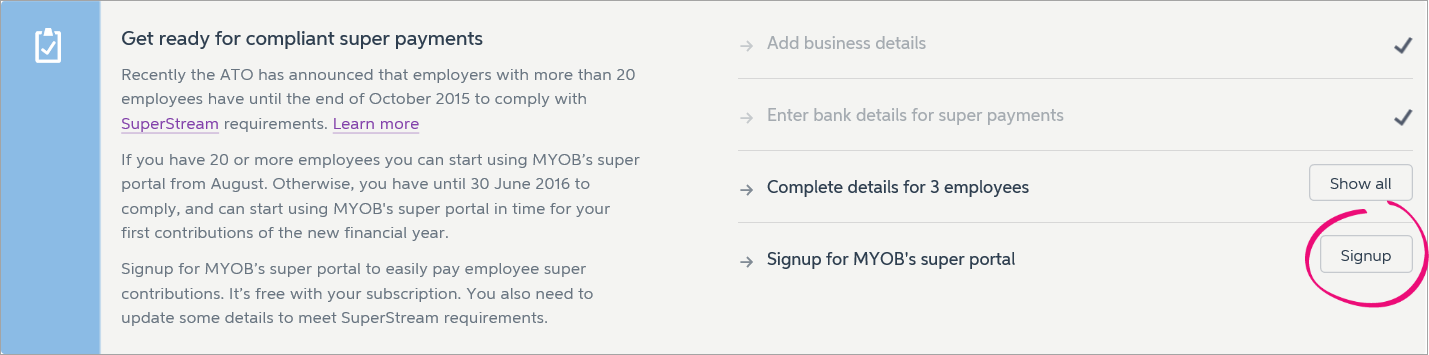 setp tasks listed with signup button highlighted
