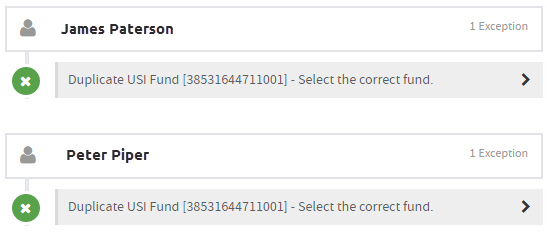 example exception showing duplicate USI fund