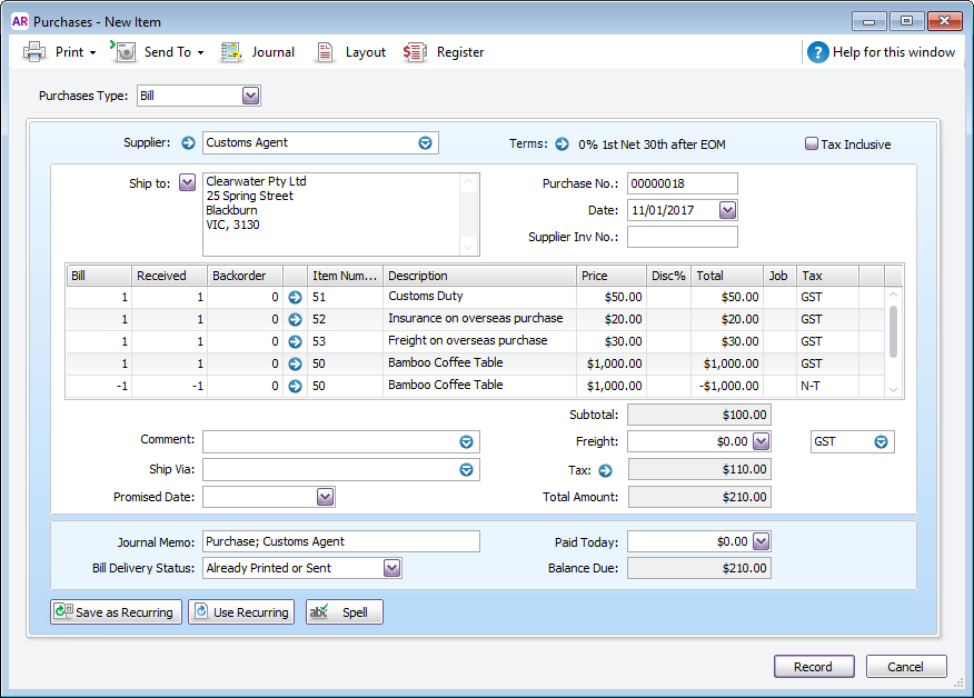 Example bill with itemised import costs